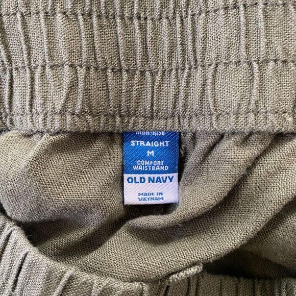 Old Navy Khaki Green Wide Straight Leg Casual Minimalist Elegant Linen Pants M - Picture 7 of 8